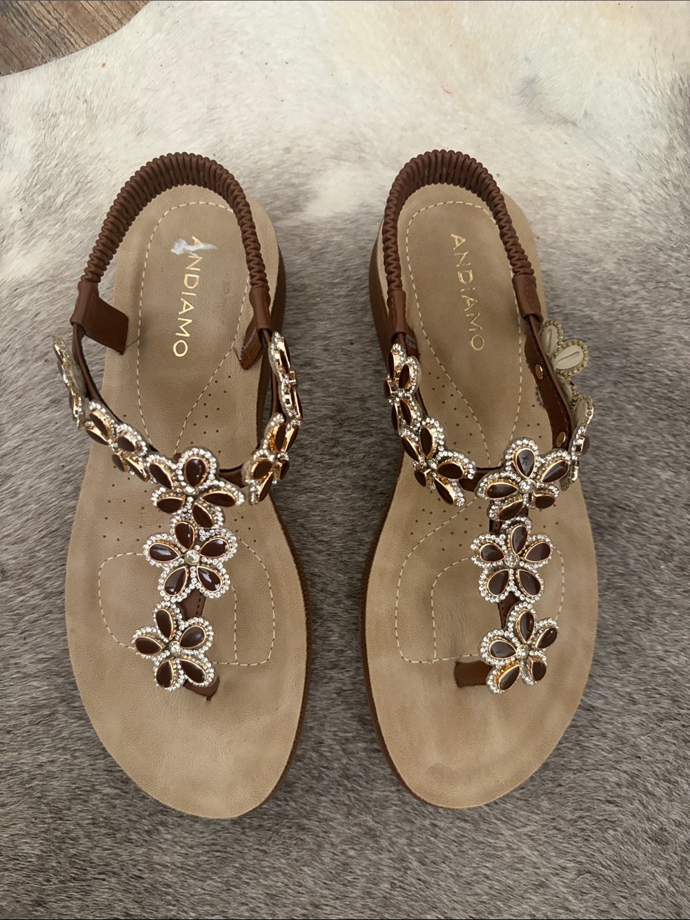 Andiamo Brown Jeweled Floral T-Strap Sandals